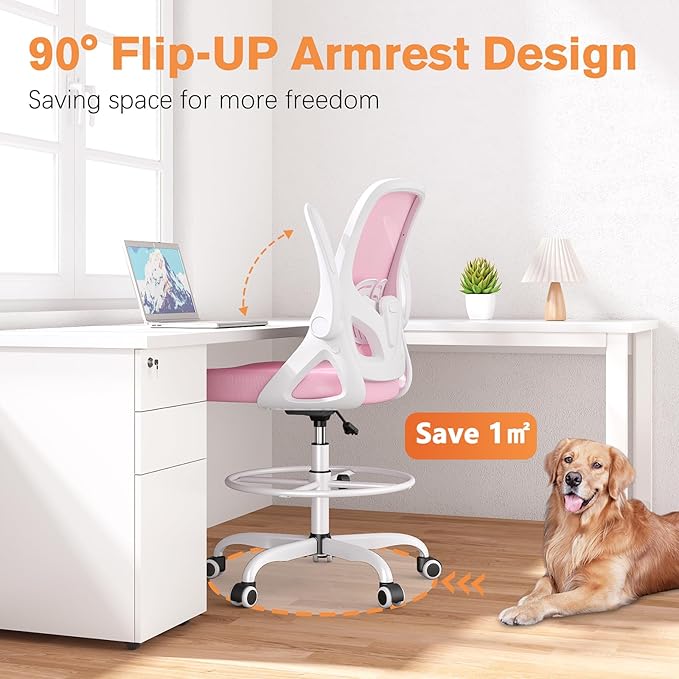 ORRSAKER Drafting Chair Tall Office Chair for Standing Desk, Breathable Mesh Ergonomic Computer Desk Chair with Flip-Up Armrests, Adjustable Lumbar Support and Footrest Ring,300 LBS，Pink