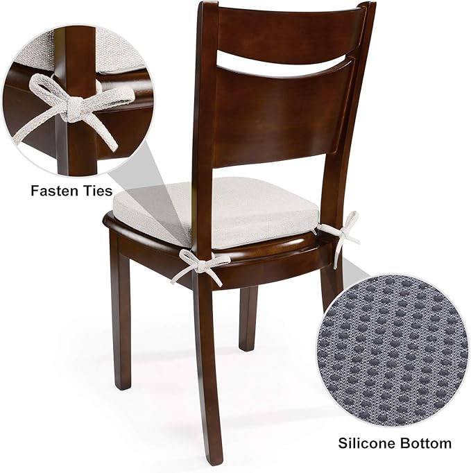 Shinnwa Kitchen Chair Cushions, Non Slip Dining Room Seat Cushions with Ties, 15 x 15.5 inches, Off White