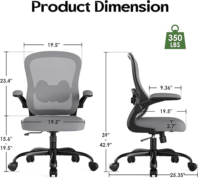 Office Chair Ergonomic Desk Chair - Mesh Comfy Home Desk Office Chairs with Wheels Adjustable Lumbar Support Flip up Armrest Executive Rolling Swivel Teacher Task Computer Chair Gray