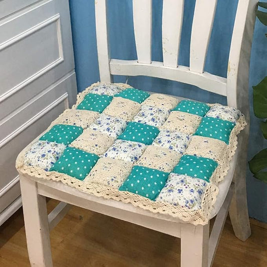 vctops Patchwork Chair Pad with Ties No Slip Lace Trim Chair Cushion Farmhouse Floral Print Kitchen Dining Seat Cushion (316 Blue, 16"x16")