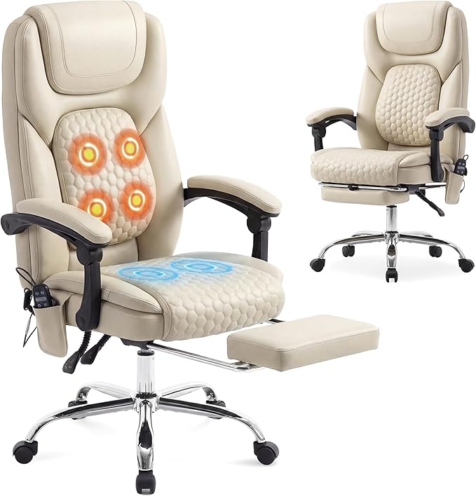 MALOL Massage Office Chair with 3-Level Heat and Footrest – 20-Min Easy Assembly, 300 lbs Big and Tall Reclining Desk Chair, PU Leather Ergonomic Executive Computer Chair with Side Pocket, Beige