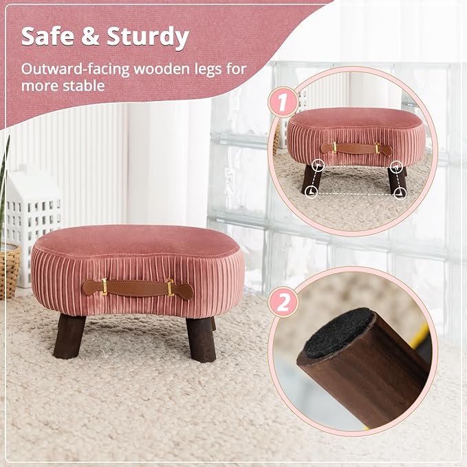 LUE BONA Small Curved Foot Stool with Handle, Pink Velvet Footstool and Ottomans, Modern Foot Rest with Wooden Legs, Step Stool with Padded Seat for Couch, Living Room