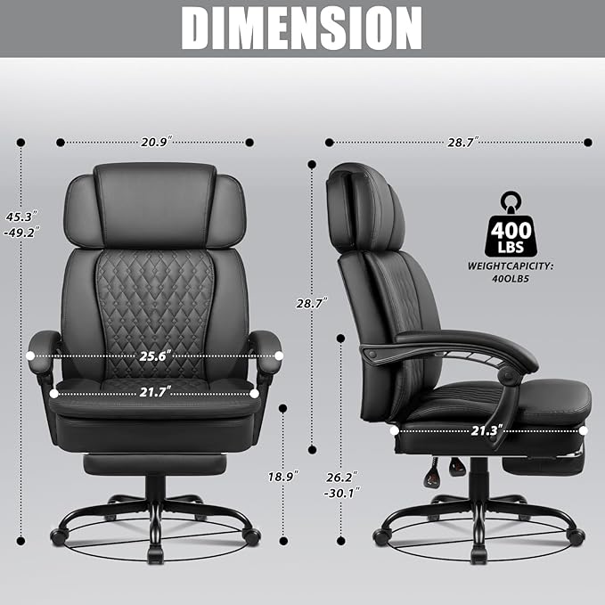 LEMBERI 400lbs Executive Office Chair with Foot Rest, Ergonomic Heavy Duty Big and Tall Desk Chair with Adjustable Headrest, High Back PU Leather Comfy Reclining Computer Chair