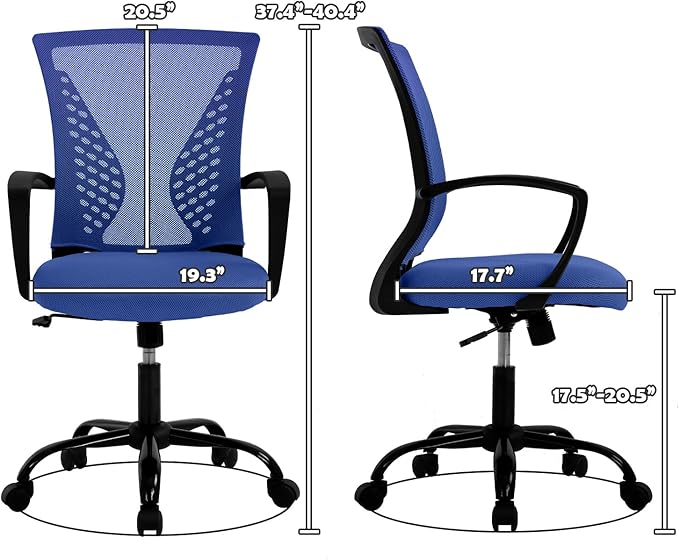 Mesh Office Chair with Adjustable Height & Arms - Ergonomic Mid Back Swivel Chair for Desk, Comfortable Home Computer Chair with Lumbar Support, Modern Design (Blue)