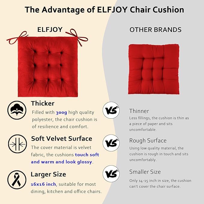 ELFJOY 4 Pack Chair Cushions for Dining Chairs Chair Pads Cushion for Kitchen Office Tufted Square Seat Cushion with Ties (16" Red Velvet)