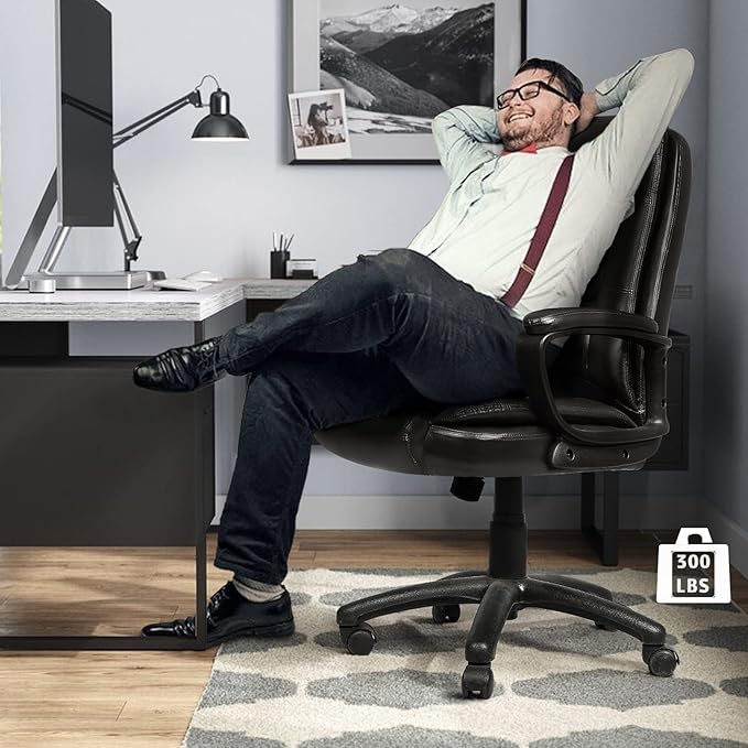 LEMBERI Office Desk Chair, Managerial Executive Chair, High Back Computer Chair, Ergonomic Height Adjustable PU Leather Chairs with Padded Armrest for Long Time Sitting (Black)