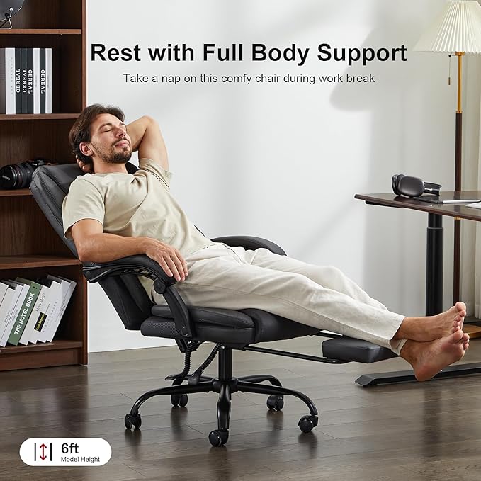 amseatec Office Chair,Big and Tall 400Lbs with Footrest, Ergonomic with Adjustable Backrest, Reclining Computer Chair with Double Lumbar Support, Thick Bonded Leather for Comfy (Gray)