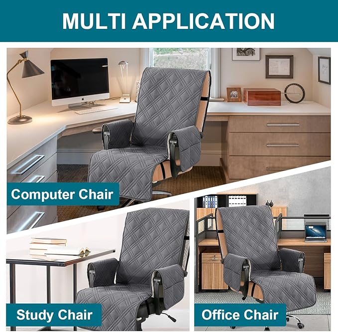 Turquoize Waterproof Office Chair Cover with Armrest Covers Gray Computer Desk Chair Cover Protector with Arms Soft Durable Office Chair Seat Slipcover with Anti-Slip Buckle for Home Office, Gray