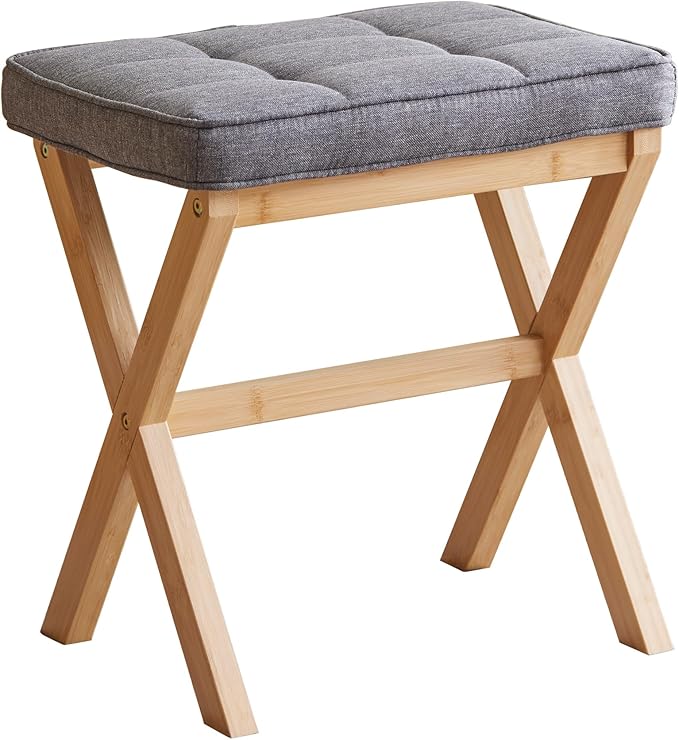Foot Stool Small Ottoman Foot Rest Padded Foot Stool Desk for Under Office Desk Vanity Stool Bamboo Footstool Sofa Footrest Shoe Stool Small Foot Stools (Natural Legs + Gray)