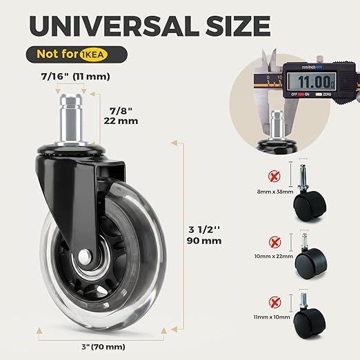 3 Inch Office Chair Wheels, Smooth & Safe Rolling, Safe for All Floors Include Hardwood Floors & Carpet, Universal Stem 7/16 inch x 7/8 inch, Not for 1KEA Chairs, Easy to Install, Set of 5, Clear