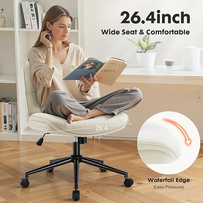 Sweetcrispy Armless-Office Desk Chair with Wheels, Cross Legged Wide Chair, PU Leather Comfortable Adjustable Swivel Computer Task Chairs for Home,Office,Make Up,Small Space,Bed Room Light Beige