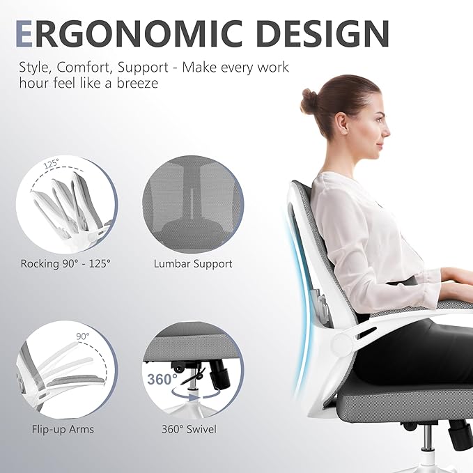 350 LBS Ergonomic Office Computer Mesh Chair - Adjustable Height Rolling Desk Chair with Flip-Up Armrests & High Back Support - Comfortable Swivel Task Chair for Home Office (02GREY)