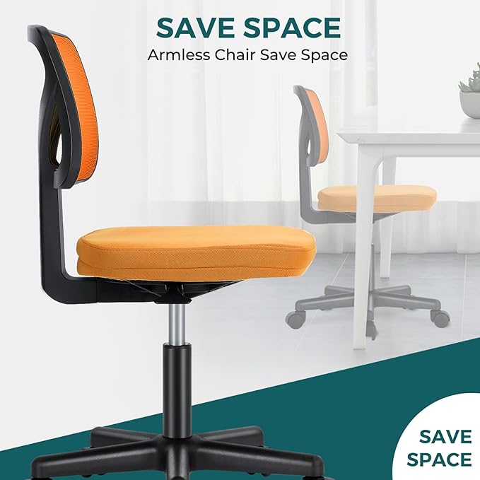 DUMOS Armless Office Chairs with Wheels, Ergonomic Adjustable Home Desk Swivel Rolling Task Chair No Arms, Comfy Mesh Mid Back Computer Work Vanity Desk Chairs for Small Spaces, Orange