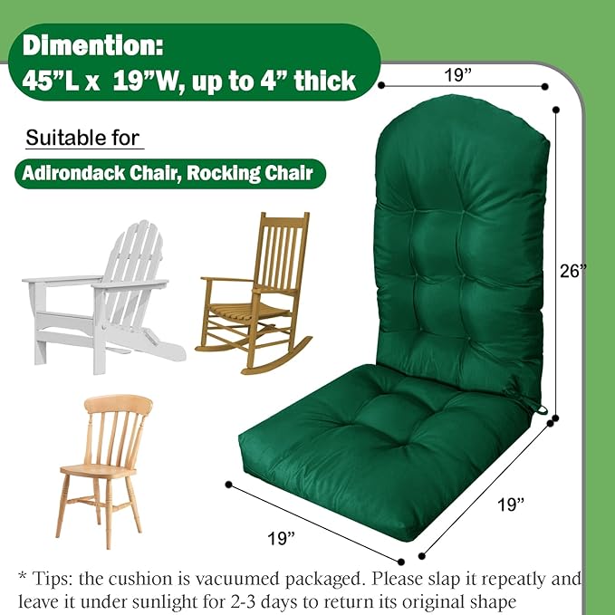 Adirondack Chair Cushion, Waterproof Outdoor Seat Cushions for Patio Furniture, Thick High Back Replacement Pad for Porch Lawn Wicker Dining Desk Chair, Rocking Chair Cushion, Emerald