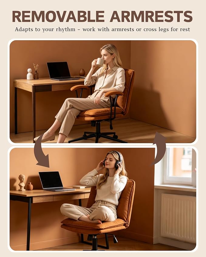 Karl home Faux Leather Office Chair with Removable Armrests, Adjustable Height & 360° Swivel, Tufted Thick Cushion Computer Desk Chair with Lumbar Support for Living Room, Vanity, Brown