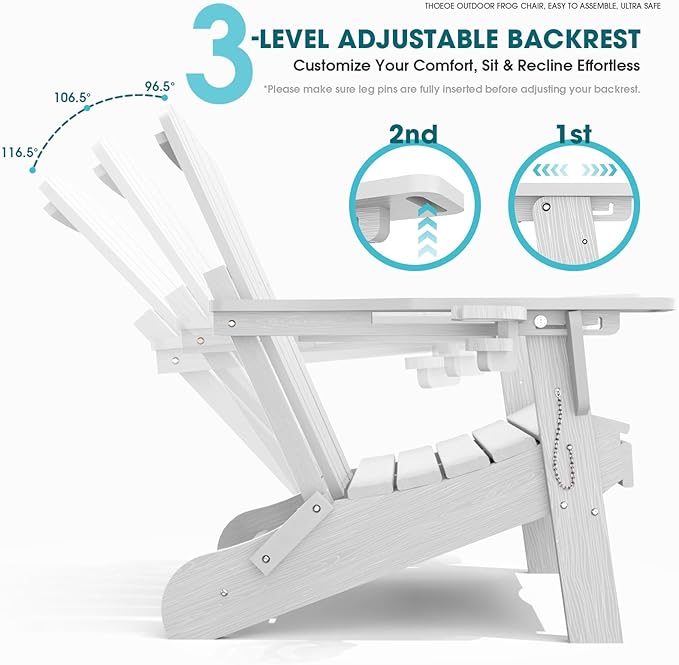 THOEOE Adjustable Adirondack Chair with Retractable Ottoman, HDEP Folding Adirondack Chairs with Footrest 2-in-1 Cup Holder, All Weather Outoor Fire Pit Chair with Foot Rest Set 1 White