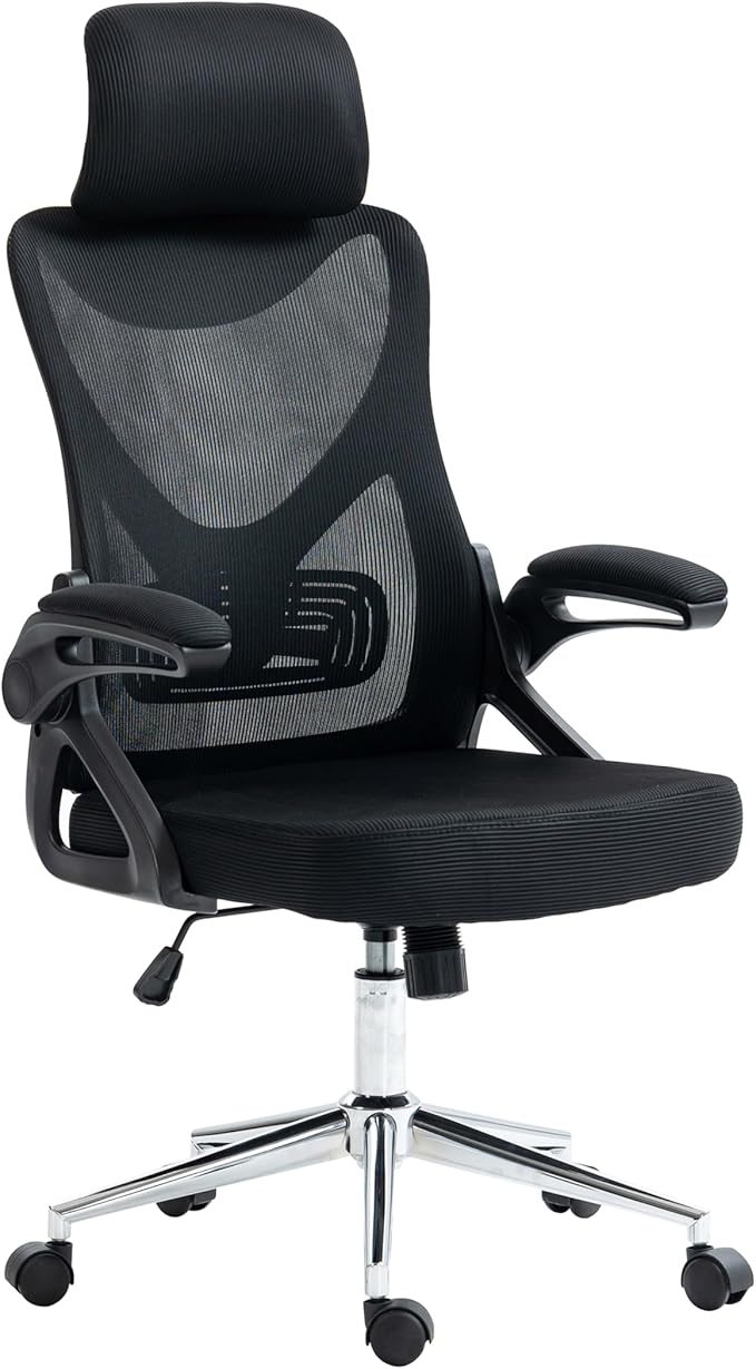 Ergonomic Office Chair with Adjustable Lumbar Support & Headrest, Height Adjustable High Back Mesh Desk Chair with Wheels and Flip Up Arms, Black