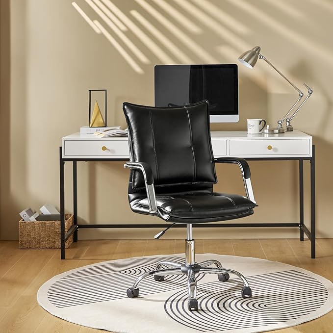 HULALA HOME Faux Leather Home Office Desk Chair, Adjustable Swivel Computer Chair with Sliver Legs and Arms, Comfy Upholstered Task Chair(Black)