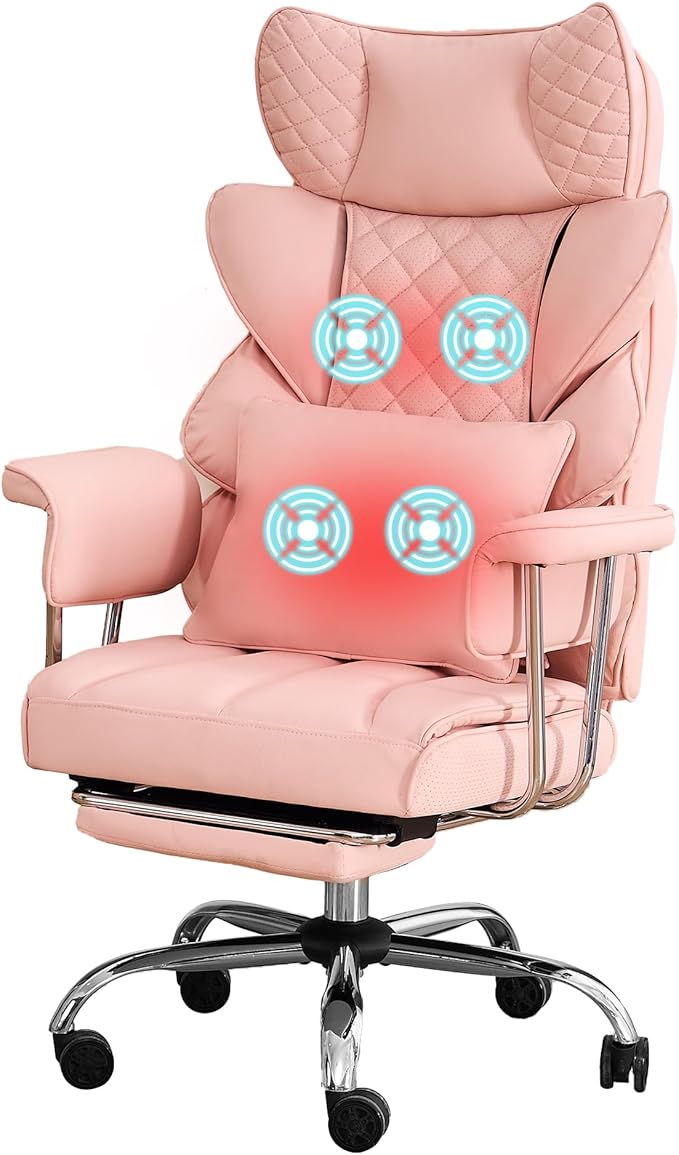 DYHOME 500 Lbs Kneading Massage Office Chair with Foot Rest, Ergonomic Reclining Home Computer Chair, High Back Thick Cushion Big & Tall Office Chair, Comfy Leather Heavy Duty Executive Chair, Pink