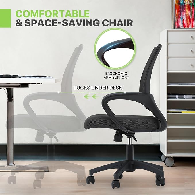Magshion Ergonomic Office Desk Chair, Mid-Back Mesh Computer Chair, Swivel Chair with Breathable Backrest & Lumbar Support, Adjustable Height for Gaming, Work, Study, 300 Lbs Capacity, Black