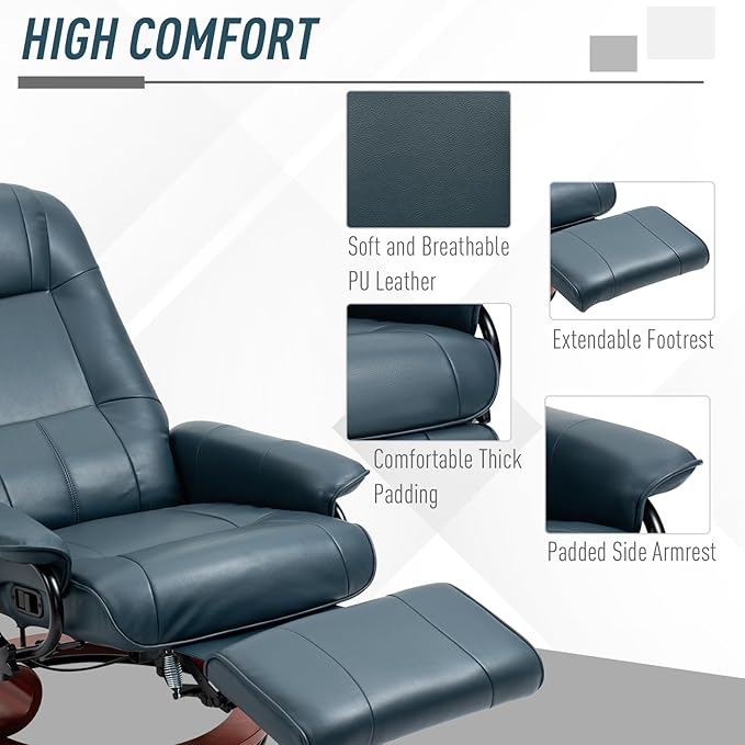 HOMCOM Swivel Recliner Chair, PU Leather Reclining Armchair with Retractable Footrest, Lounge Chair with Wood Base and Adjustable High Back for Small Spaces, Living Room, RV, Bedroom, Blue