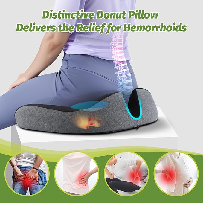 anzhixiu Concave U Surface Donut Pillow for Tailbone Pain Cradle Tailbone Reducing Pressure on Pelvis- Hemorrhoid Pillow for Office, Car, Home Seat-Gray (Black/Gray)