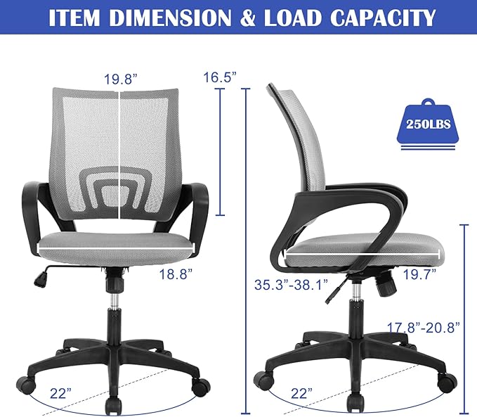 MKDLUFEI Modern Grey Mesh Office Chair with Lumbar Support Arms, Adjustable Height, Breathable Mesh Backrest, Comfortable Home Office Desk Chair for Adults