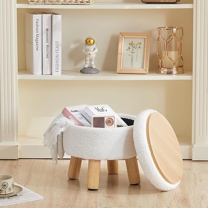 Small Ottoman with Storage, Small Storage Ottoman Round, Sherpa Foot Stool with Legs, Ottomans and Footstools for Living Room and Entryway (White)