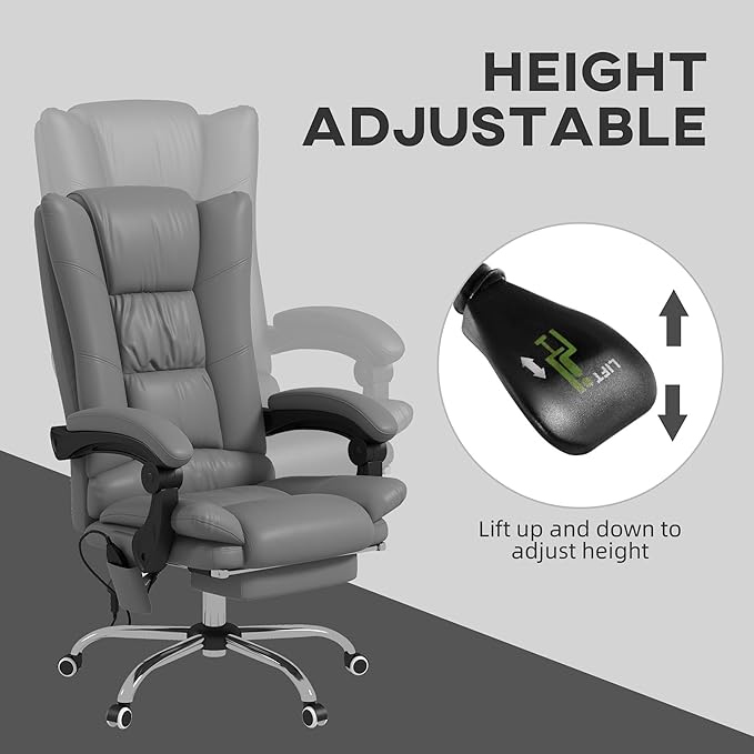 Vinsetto Executive Massage Office Chair with 4 Vibration and Heat, 3 Modes, PU Leather Swivel Chair with Adjustable Height, Reclining Back, and Footrest, Gray