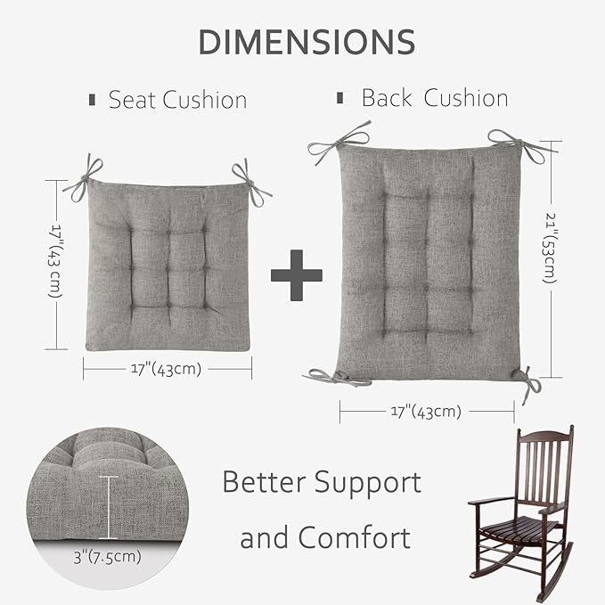 ELFJOY Rocking Chair Cushion Large Rocking Chair Pads with Ties Premium Linen High Back and Seat Cushion 2 Piece Set Linen Grey
