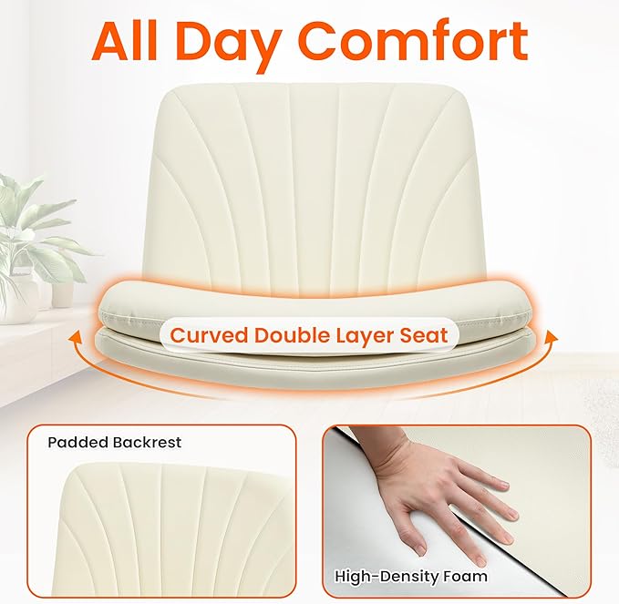 Orange Factory Criss Cross Chair with Wheels Comfy Wide Vanity Desk Chair Dual Base Leather Armless Adjustable Swivel for Home Computer Task (Beige Pu, Faux Leather)