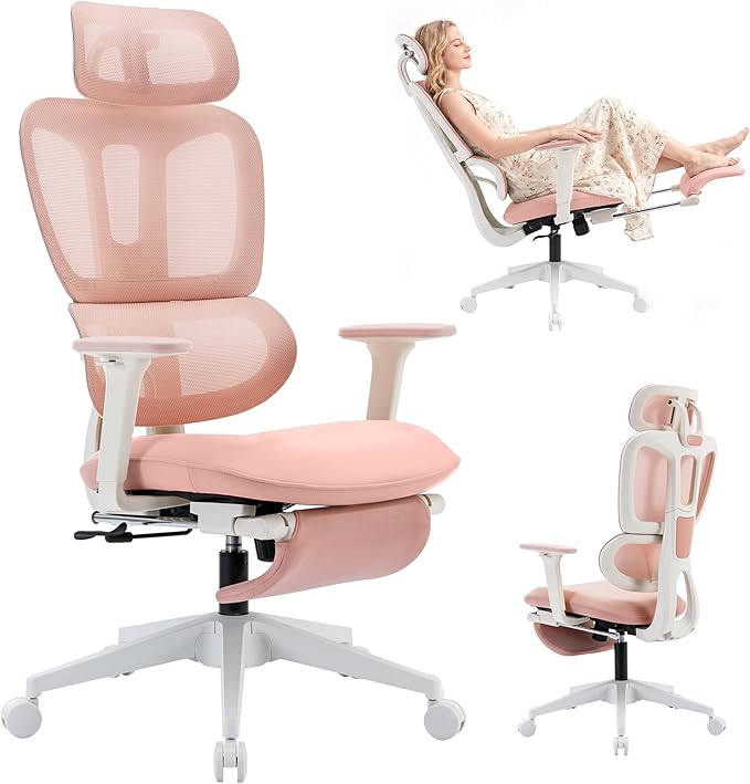 Ergonomic Office Chair with Footrest, 90-135° Reclining High Back Desk Chair with Lumbar Support, 2D Headrest, 2D Armrests, Computer Chair for Long Hours, Pink
