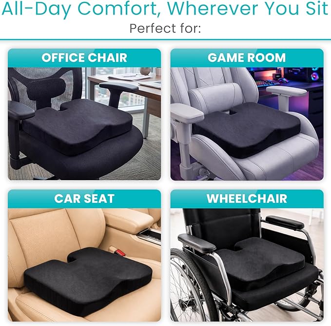 Vive Memory Foam Seat Cushion – Tailbone Pain Relief, Sciatica, Coccyx & Back Support for Office Chair, Car Seat, Wheelchair & Airplane, Water-Resistant Cover, 2-Layer Foam Comfort, Wheelchair (Black)
