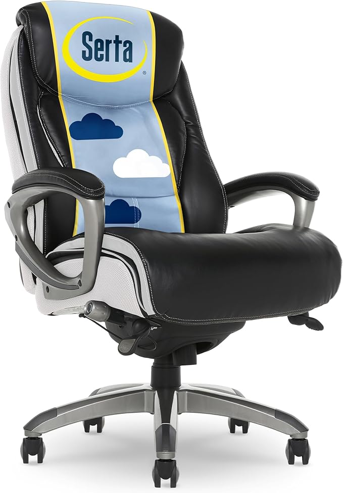 Serta® Lautner Executive Home Office Desk Chair, Ergonomic High-Back with Adjustable Lumbar and Body Pillows, SmartLayers™ and ComfortCoils® Technology, Mesh and Bonded Leather, Black and White