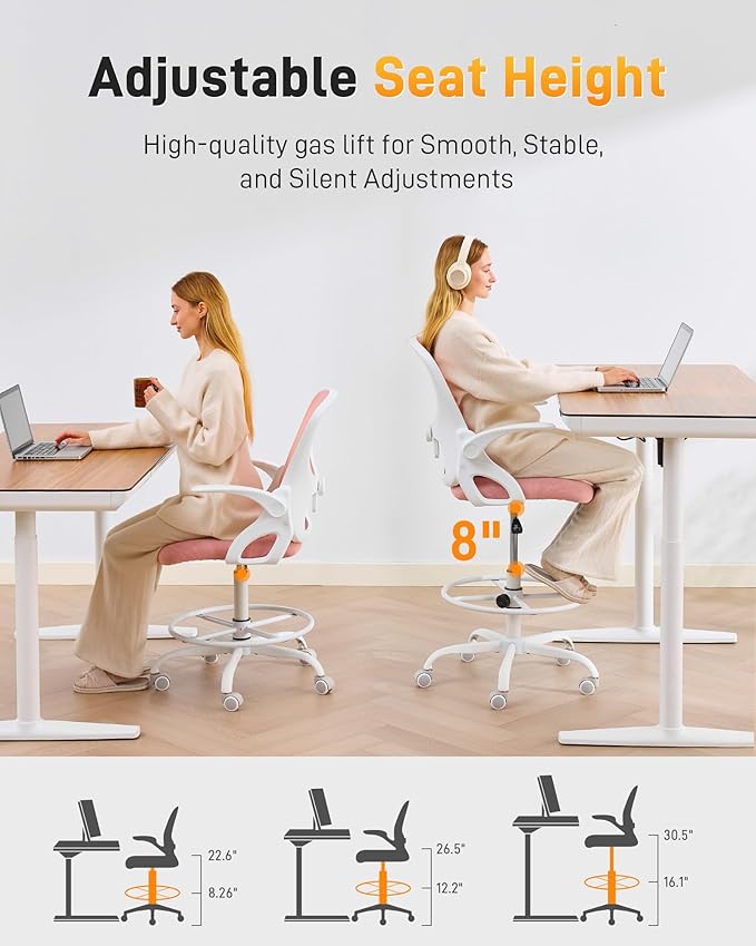 LukkDys Drafting Chair with 4D Multi-Adjustable Backrest, Tall Office Chair 19.7"-27.6" Seat Height, Ergonomic Standing Desk Chair with Flip-up Arms, Foot Ring, Pink&White