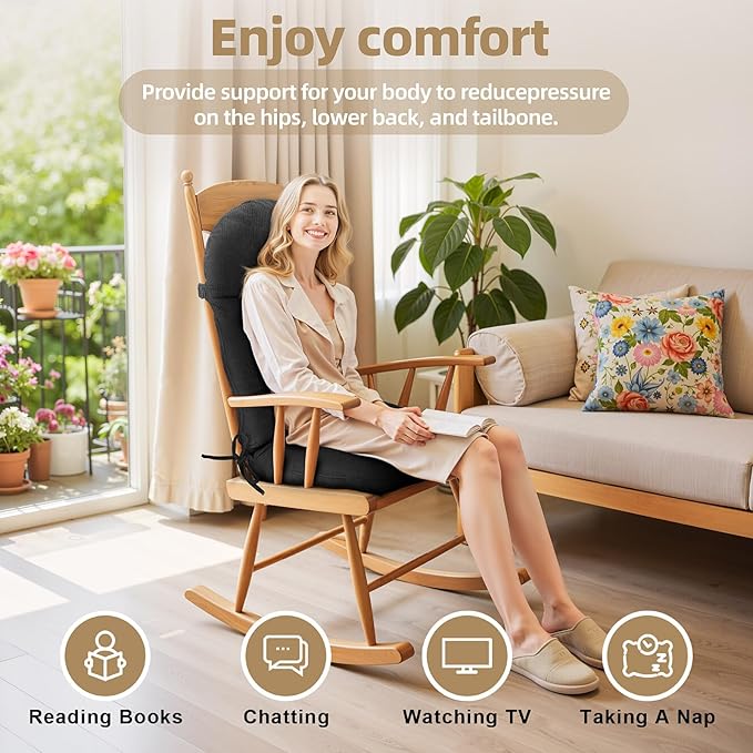 Rocking Chair Cushion - Plaid Corduroy Fabric, High-Density Sponge, Durable Comfort Non-Slip Bottom Tufted Seat Pads with Ties, Plaid Corduroy︱Coal Gray, 44x19x4 inch