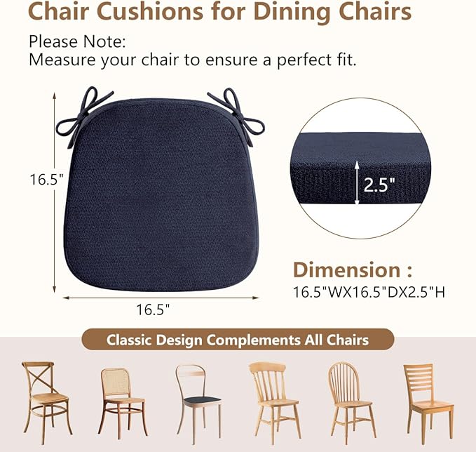 D-Shaped Chair Cushions for Dining Chairs, 2.5” Thick Chair Pads with Washable Comfortable Textured Cover, Non Slip Kitchen Chair Cushions with Ties, 16.5" x 16.5", 2 Pack, Navy
