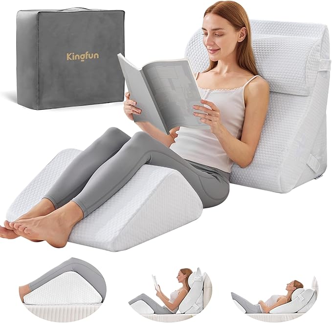Kingfun 4PCS Orthopedic Bed Wedge Pillow Set for Sleeping, Post Surgery Memory Foam Support Pillows for Back, Neck and Leg Pain Relief, Adjustable Triangle Pillow - Acid Reflux, Anti Snoring & GERD
