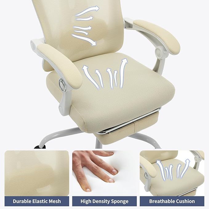 Ergonomic Office Chair,Swivel Task Chair with Adjustable Lumbar Support,Home Office Chair with Footrest,Mesh High Back Gaming Chair Off White