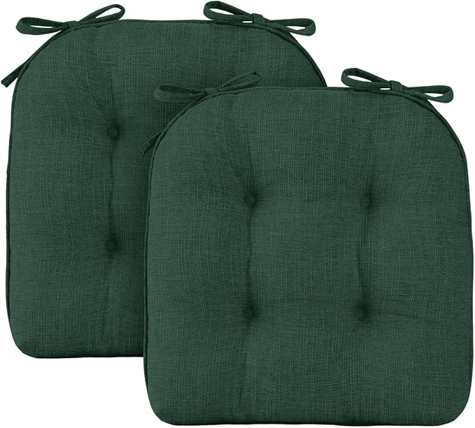 Wellsin Chair Cushions for Dining Chairs, Non-Slip Kitchen Chair Pads with Ties, Tufted Shredded Foam Kitchen Chair Cushions Set of 2, 15.5" X 15.5", Dark Green