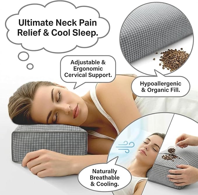 Adjustable Buckwheat Hull Pillow for Neck Pain Relief (21x8x4) Natural Cooling Cervical Support Camping Pillow for Side & Back Sleepers with Night Sweats (xiaoge Grey)