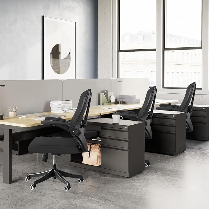 350 LBS Ergonomic Office Computer Mesh Chair - Adjustable Height Rolling Desk Chair with Flip-Up Armrests & High Back Support - Comfortable Swivel Task Chair for Home Office (02BLACK)