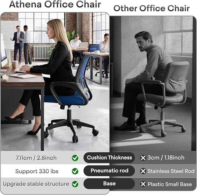 Athena Collection Office Chair - 330Lbs, Breathable Mesh Desk Chair Thickness Cushion with Lumbar Support & Armrest, Rolling Swivel Adjustable Tilt Lock for Home Office/Gaming, Bedroom Study