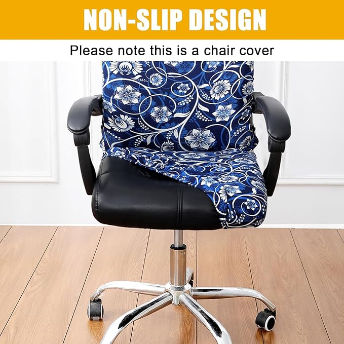 Smiry Stretch Printed Office Computer Chair Covers, Universal Desk Rotating Chair Slipcovers Removable Washable, Soft Fit Anti-Dust Spandex Protector Cover with Zipper, Navy Blue