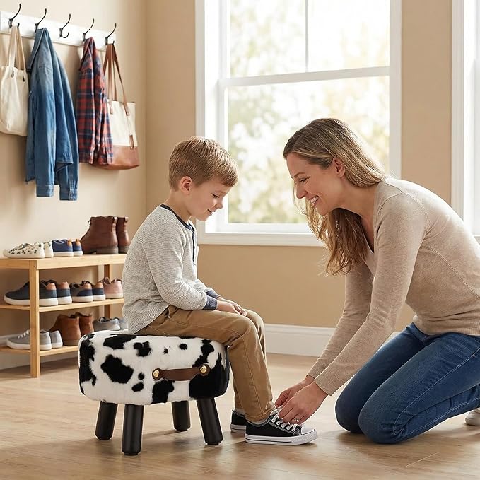 Small Footstool with Handle, Faux Fur Ottoman Foot Rest with Padded Seat, Curved Foot Stool with Wooden Legs, Portable Foot Rest for Living Room, Bedroom, Entryway, Cow