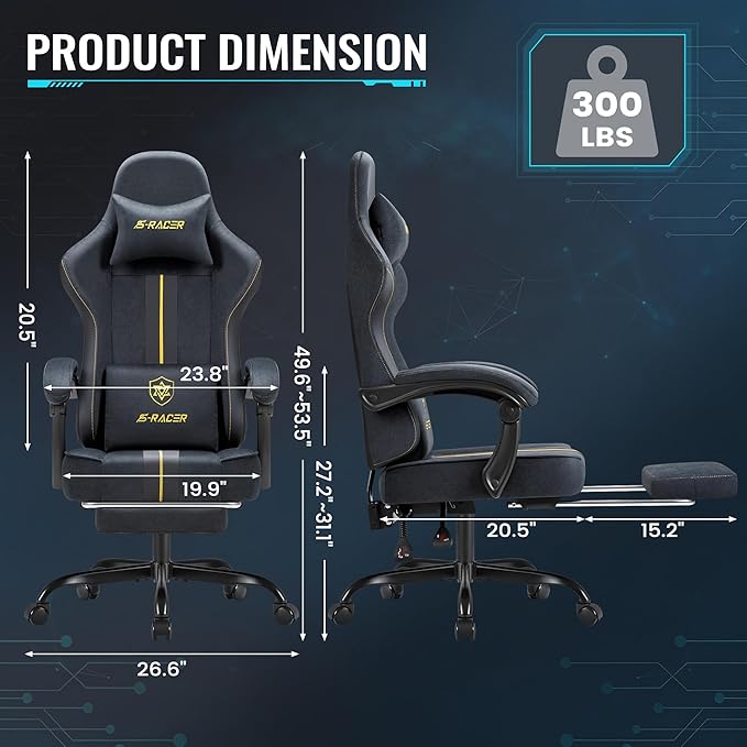 Homall Gaming Chair with Massage & Footrest, Ergonomic Computer Office Chair, High-Back Racing Style Reclining Chair with Adjustable Lumbar Support, Breathable Tech Fabric for Adults (Dark Black)