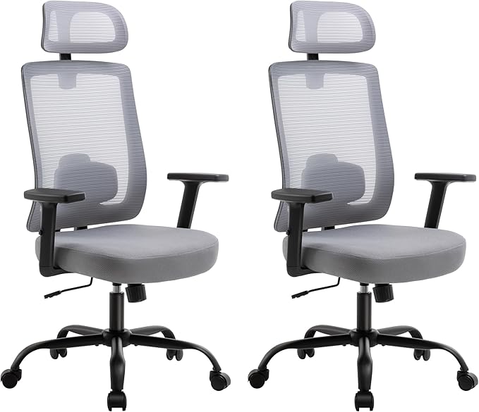 Ergonomic Office Chair, Office Desk Chair with High Back Mesh and Adjustable Lumbar Support, Rolling Work Chairs with Wheels and Adjustable Headrests, Wide Cushion, Set of 2, Grey