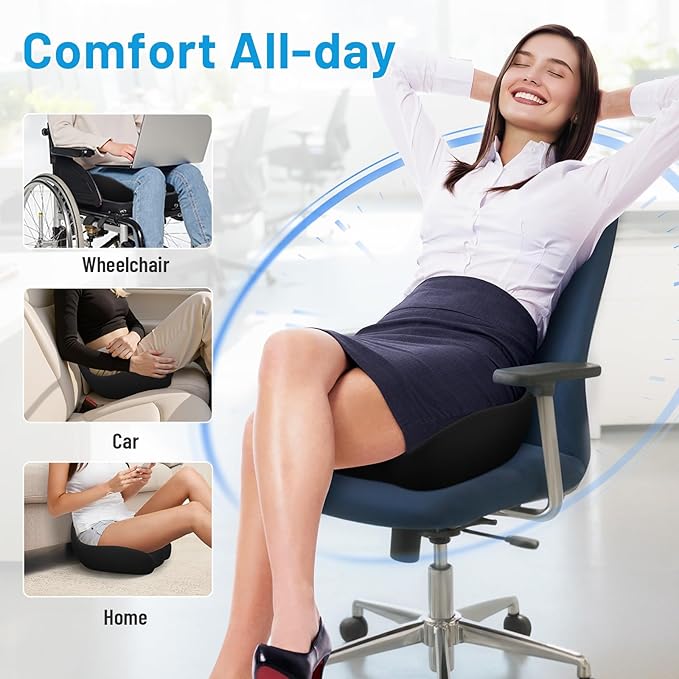 Cushzone Memory Foam Seat Cushion for Office Chair, Ergonomic Coccyx Cushion for Desk Chair, Tailbone Support Pillow for Long Sitting, Non-Slip Seat Pad for Home, Car, Gaming Chair (Black, X-Large)