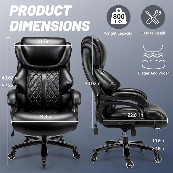 Big and Tall Office Chair 800lbs- High Back Executive Computer Chair for Heavy People with Adjustable Lumbar Support and Quiet Wheels- Large Desk Chair for Home Office (Black)