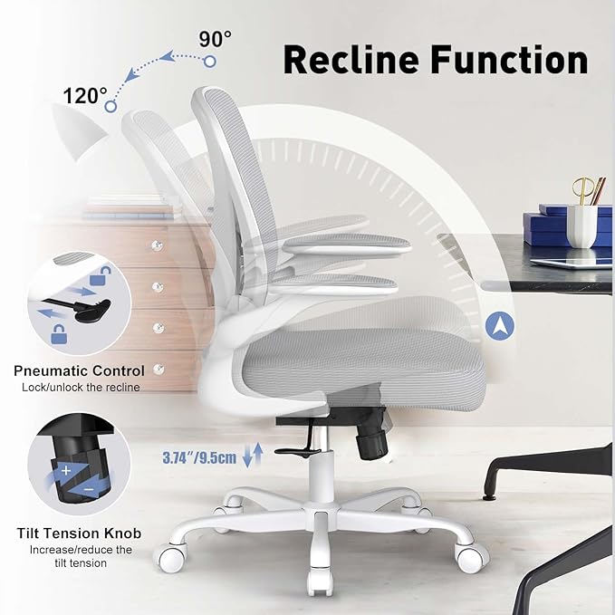 Ergonomic Office Chair Set of 4, Mesh Fabric Home Office Chairs with Adjustable Lumbar Support, Flip-Up Armrests, 90-120° Rocking, Adjustable Height and 360° Swivel, Grey